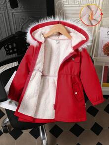 Young Girls Jacket, Pink Composite Jacket With Detachable Hood And Fur Collar, Casual Everyday Wear - Red - View 3