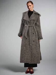 SHEIN BAE 大翻领花纹双排扣长款大衣，长款大衣女，风衣女，羊毛大衣女，粗斜纹羊毛大衣，秋冬优雅休闲外套 - 棕色 - 查看 6