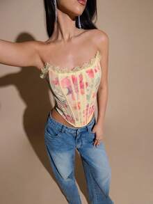 SHEIN BAE 夏季黄色碎花蕾丝上衣，适合日常约会、夜间外出、夜店、派对、聚会、鸡尾酒会、泳池派对、返校季、学期中、度假、办公室通勤等场合穿着。 - 黃色 - 查看 5