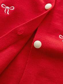 Elladie kids 4-7 Years Old Girls Red Knitted Cardigan, Featuring Elegant Black Bow Embroidery, Contrast Trim Design, Cute And Stylish For Holiday Celebrations Or Everyday Wear Fall Winter - Red - View 5