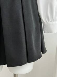 Flirla 女士商务休闲撞色拼布褶皱长袖衬衫裙，时尚秋季服装 - 淺灰色 - 查看 6