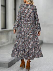 EMERY ROSE Women's Ditsy Floral Drawstring Lantern Sleeve Loose Casual Dress