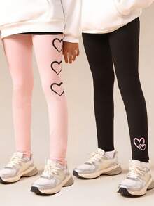 SUMWON Paquete de 2 leggings de niña preadolescente con estampado de corazones, pantalones casuales de largo completo y elásticos para la escuela y uso diario - Multicolor - Ver 1