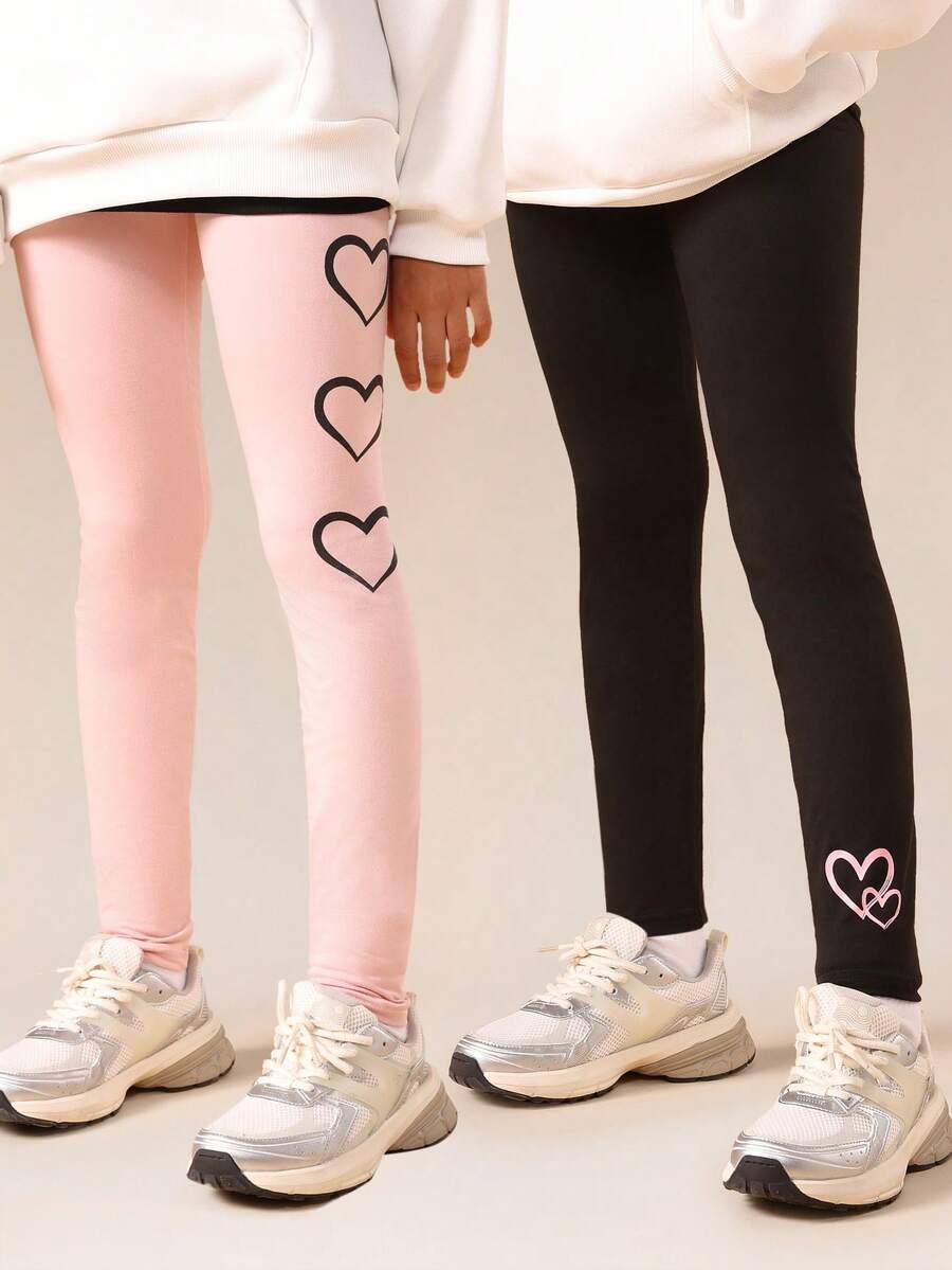 SUMWON Paquete de 2 leggings de niña preadolescente con estampado de corazones, pantalones casuales de largo completo y elásticos para la escuela y uso diario - Multicolor - Ver 1