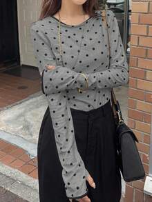 FRIFUL 女士圆领植绒波点修身撞色滚边长袖T恤 - 灰色 - 查看 3