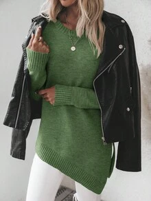 EMERY ROSE Women's Crew Neck Solid Color Drop Shoulder Long Sleeve Casual Knit Pullover Sweater - Army Green - View 4
