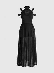 ROMWE Gothic Cross Hollow Embroidered Lace Patchwork Off-Shoulder Women Dress - Black - View 1