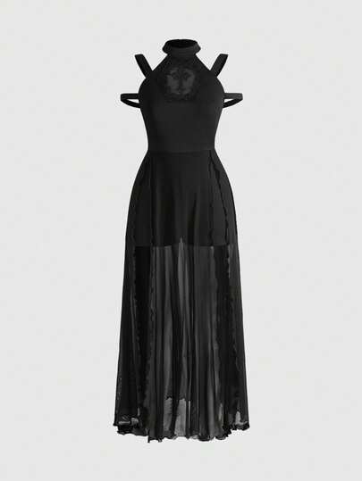 Gothic Cross Hollow Embroidered Lace Patchwork Off-Shoulder Women Dress