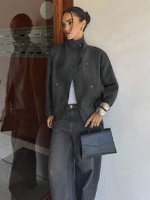 Siren Gaze 女式纯色简约高领长袖大衣，深灰色 - 深灰色 - 查看 5