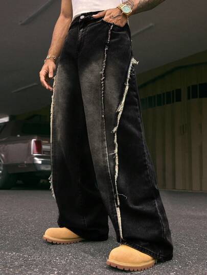 AXEPEAK 大码男士磨边口袋阔腿宽松休闲牛仔裤