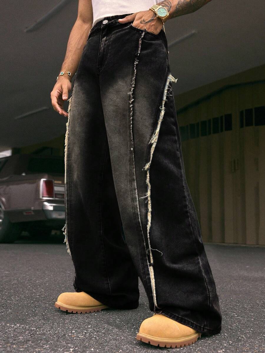 AXEPEAK Quần jean ống rộng dáng rộng, túi rách cho nam cỡ lớn - màu đen - Xem 1