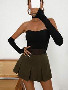 EMERY ROSE Women's Solid Color Pleated A-Line Skirt, Casual & Versatile - Army Green - View 4