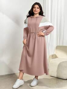 Modelyn 大码撞色连帽休闲收腰长袖连衣裙，百搭秋冬装 - 粉色 - 查看 1