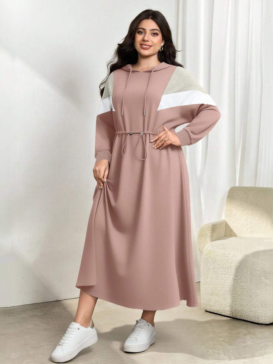 Modelyn 大码撞色连帽休闲收腰长袖连衣裙，百搭秋冬装 - 粉色 - 查看 1