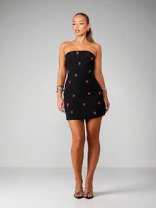MISSGUIDED Strapless Bandeau Mini Dress With Red Crystal Embellished Button Details Bodycon Party Evening - Black - View 4