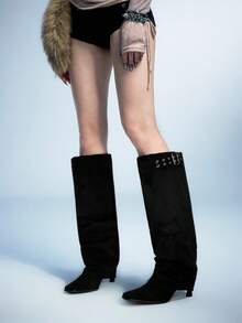 Sugerpunk Women's Asymmetrical Ruched Shaft Round Toe Thick Heel Warm Boots With Double Buckle Decor, Autumn/Winter - Black - View 4