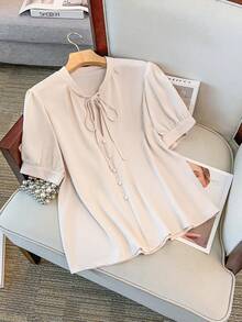 Vionelle Plus Tie Neck Puff Sleeve Blouse