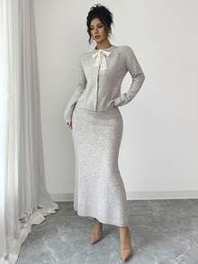 SHEIN Elenzya طقم قطعتين فاخر مكون من كارديجان أكمام طويلة بأزرار من الدانتيل الرقيق مستوحى من موسم الخريف/الشتاء مع تنورة أنبوبية متوسطة الطول - لون مشمشي - مشاهدة 6