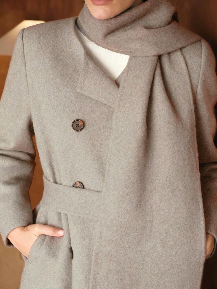 WOOL DOUBLE BREASTED PLACKET BELTED OVERCOAT WITH SCARF