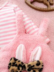 SHEIN Baby Girl Cute Pink Striped Plush Sleeveless Dress Outfit,Winter Long Sleeve T-Shirt Rabbit Embroidery Set,Back To School Matching Family Outfit - Pink - View 7