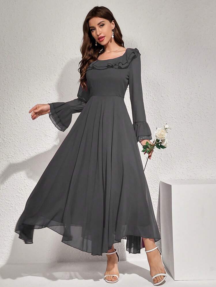 Modelyn 纯色荷叶边装饰腰带连衣裙，优雅晚会礼服，新年服装长款晚礼服 - 深灰色 - 查看 5