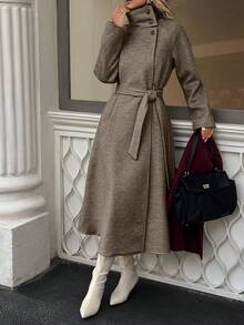 Xyvia Autumn And Winter Women's Casual High-Neck Button Belt Long Woolen Coat, Old Money Style Women's Clothing/Women's Office Wear/Outing Wear, Women's Autumn Clothing - Brown - View 3