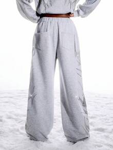 LYSMO 2025新款女士极简主义冬季休闲日常灰色水钻抽绳腰阔腿保暖闪亮运动裤，适合外出、街头风冬季穿搭、秋冬圣诞派对新年造型，亮片闪耀长裤 - 淺灰色 - 查看 2