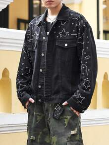 ROMWE MEN Street Life Men's Casual Fashion Street Star Rhinestone Flap Pocket Denim Jacket, Spring/Autumn - Black - View 3