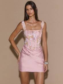 SHEIN BAE Herbst/Winter einfarbiges Pailletten-Patchwork Satin Mini elegantes Bodycon Slip Kleid, Nachtclub Party Cocktail Kleid, anliegendes Bustier Kleid, Geburtstags Party Mini Kleid