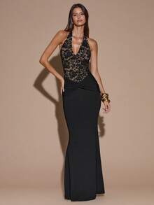 SHEIN BAE Váy đuôi cá hở lưng, cổ chữ V sâu, ren không tay màu đen dành cho nữ, thanh lịch, thích hợp cho đám cưới, phù dâu, khách dự tiệc cưới, tiệc cocktail, buổi hẹn hò lãng mạn, tụ họp, sự kiện trang trọng - màu đen - Xem 5