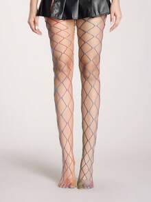 ROMWE Goth 1pair Women's White Asymmetrical Ripped Fishnet Stockings, All Seasons - iridescent - View 2