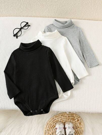 SHEIN 3 件套新生婴儿男孩/女孩幼儿厚实保暖纯色高领长袖连体衣和裤子套装，舒适、百搭、时尚、休闲，适合室内、户外、日常穿着、运动、玩耍、派对、摄影、秋冬季度假
