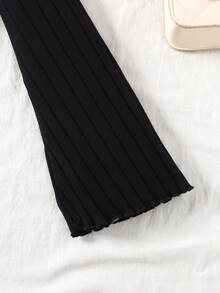 SHEIN 青少年女孩黑色针织喇叭袖上衣和开衩下摆格子裙套装，基本款和百搭款，休闲学院风服装，少女服装，开学季 - 黑色 - 查看 7