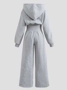 SHEIN Tween Girl Hooded Zip-Up Sweatshirt And High Waisted Thermal Lined Pants Jumpsuit With Elegant Horse Racing Embroidered Pattern Loose Sweatshirt Jumpsuit Girls Co Ord Sets Jumpsuits Sweatsuit Set Girls Jump Suit Grey Jumpsuit - Light Grey - View 2