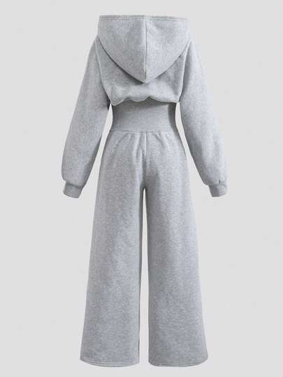 SHEIN Tween Girl Hooded Zip-Up Sweatshirt And High Waisted Thermal Lined Pants Jumpsuit With Elegant Horse Racing Embroidered Pattern Loose Sweatshirt Jumpsuit Girls Co Ord Sets Jumpsuits Sweatsuit Set Girls Jump Suit Grey Jumpsuit