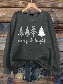 EMERY ROSE 大码女式圣诞快乐圣诞树印花运动衫 - 灰色 - 查看 1