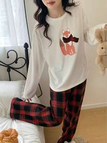 优雅简约少女冬季狐狸印花刺绣白色上衣和红黑格子裤休闲舒适长袖家居服两件套 - 紅色 - 查看 4
