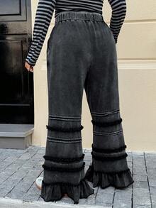 Muchica 秋冬大码休闲水洗荷叶边下摆阔腿裤 - 黑色 - 查看 6