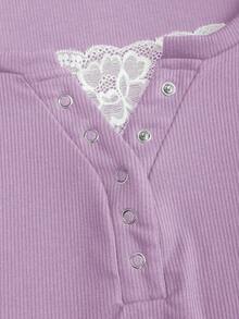 Sweetra Áo thun nữ cổ tròn tay dài màu trơn viền ren, mùa thu - Màu tím - Xem 4