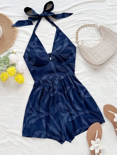 Soleia 女士度假棕色柳条纹理 V 领露背系带蝴蝶结开襟连体衣，适合海滩、音乐节、嬉皮士、派对、约会、下午茶