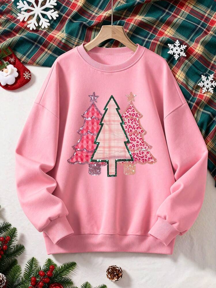 SHEIN LUNE Christmas Tree Print Casual Crew Neck Long Sleeve Sweatshirt For Women, Autumn/Winter, Great Gift For Friends - Pink - View 3