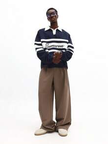 SUMWON 男士长袖橄榄球 Polo 衫，条纹撞色设计，领口和数字印花，休闲款 - 黑與白 - 查看 4