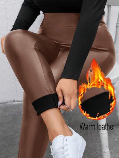 SHEIN Essnce Plus Size Women's Autumn And Winter Casual Fashion Basic Thermal Lined Warm Black Stretch PU Leather Leggings,Women Bottom,Winter Outfits,Curve Pants,Street Wear,Leather Pants,Fleece Leggings,Thermal Lined Leggings,Warm Leggings,Women Tights