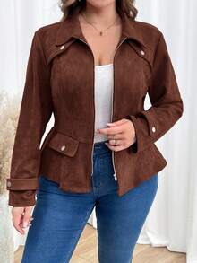 SHEIN Clasi Kurtka damska Plus Size, modna, swobodna, w jednolitym kolorze, zamszowa, z suwakiem i baskinką, jesienna