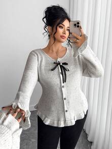 Elenzga Women's Autumn/Winter New Round Neck Bow Knit Long Sleeve Cardigan, Sweet & Soft, Versatile & Fashionable - Light Grey - View 1
