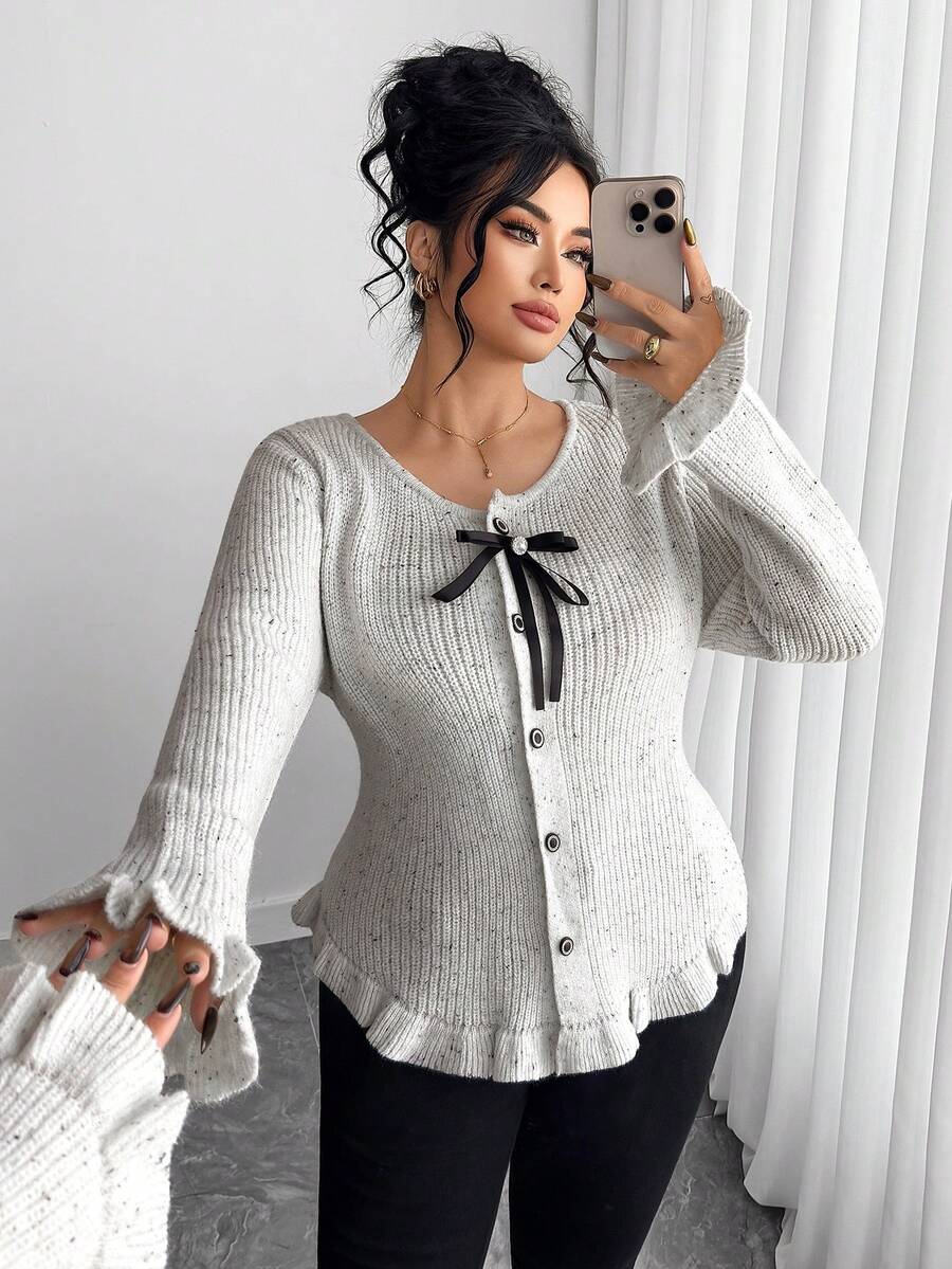 Elenzga Women's Autumn/Winter New Round Neck Bow Knit Long Sleeve Cardigan, Sweet & Soft, Versatile & Fashionable - Light Grey - View 1