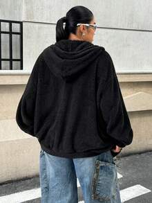 SHEIN EZwear Áo khoác nỉ có mũ trùm đầu họa tiết chữ cái cỡ lớn dành cho nữ, mùa thu/đông - màu đen - Xem 3