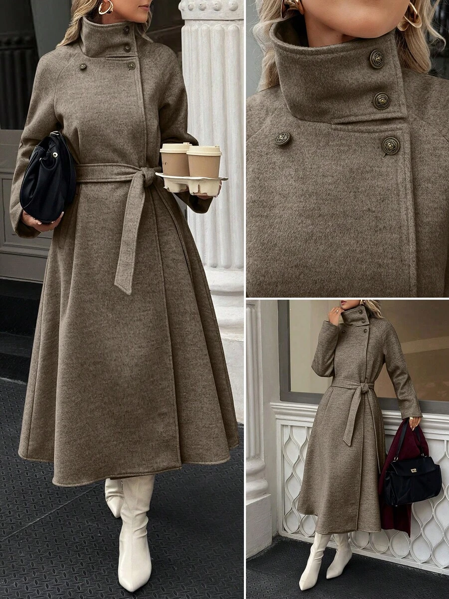 Xyvia Autumn And Winter Women's Casual High-Neck Button Belt Long Woolen Coat, Old Money Style Women's Clothing/Women's Office Wear/Outing Wear, Women's Autumn Clothing - Brown - View 1