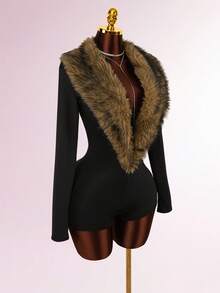 Amplova 毛领拼接深V领长袖紧身连体裤