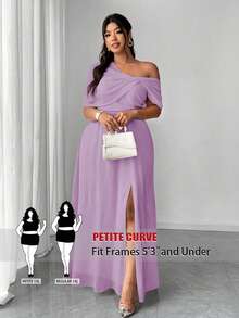 SHEIN PETITE CURVE 大码女式优雅浪漫婚礼宾客礼服，轻盈正式礼服，雪纺单肩开衩连衣裙 - 淡紫色 - 查看 1